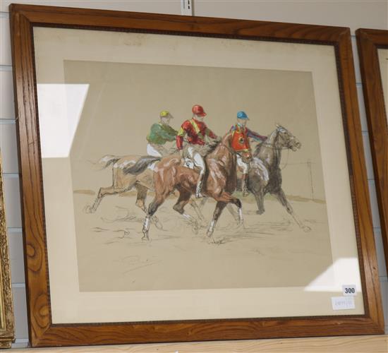 Continental School, pair of hand tinted lithographs, horse racing scenes, indstinctly signed, 44 x 54cm